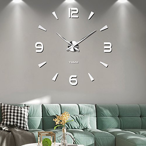 Silenciar DIY Frameless Gran Reloj De Pared Números 3D Relojes De Pared Espejo Pegatina Para Ministerio Del Interior Decoraciones (Plata-73)