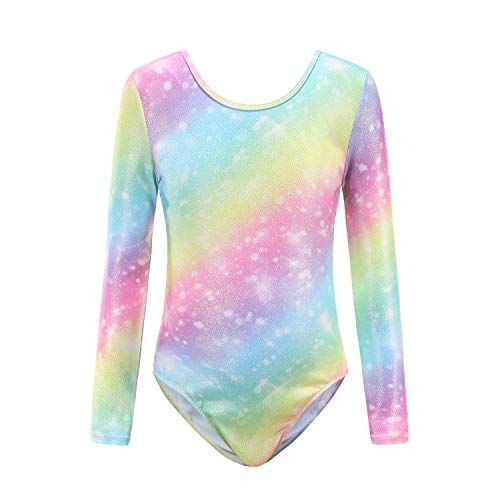 Sinoeem Leotardos de Gimnasia Rítmica para Niños Maillot de Ballet con Gradiente Flash Cuello Redondo Manga Larga/Manga Corta para Niñas de 3-12 Años (Arcoiris - Manga Larga, Tag 6A(5-6 Years))