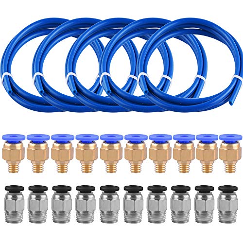 SIQUK 5 Piezas Tubo de teflón de PTFE(1 metros) con 10 Piezas PC4-M6 Fittings y 10 Piezas PC4-M10 Fittings para impresora 3D Filamento 1.75mm