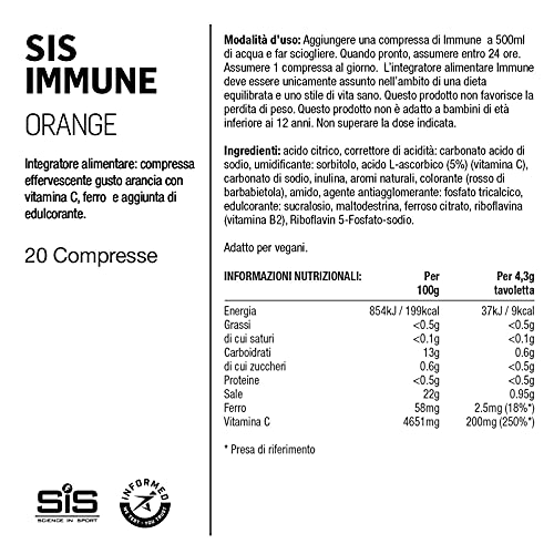 SiS Immune Sport Comprimidos Veganos Efervescentes de Vitamina C para el Sistema Inmunológico Después del Entreno, 20 Tableta 4,3 g Sabor Naranja