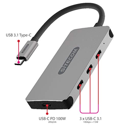 Sitecom CN-386 USB-C Hub 4 Puertos | USB-C Macho a 3 x USB-C 3.1 + 1 x USB-C Hembra Puertos de Suministro de energía - Hub de Aluminio