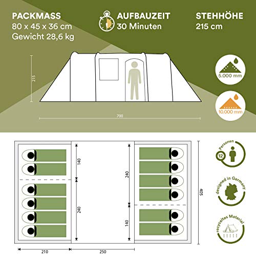 Skandika Hurricane - 12 Personas - Tienda de campaña Familiar - túnel - mosquiteras - 700 x 405 cm (sin Suelo Cosido)