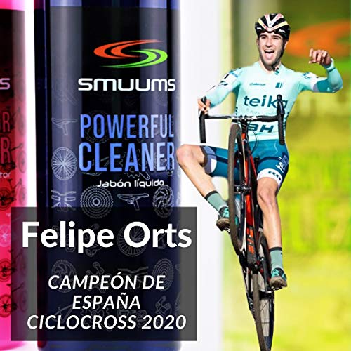 SMUUMS Pack Mantenimiento Bicicleta - Desengrasante Transmisión 750ml + Jabón Líquido 750ml ph Neutro Cuadro y componentes + Aceite Lubricante con PTFE para Cadena 100ml.