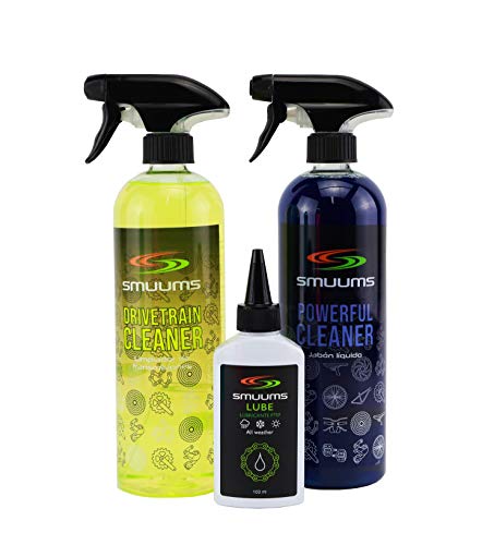 SMUUMS Pack Mantenimiento Bicicleta - Desengrasante Transmisión 750ml + Jabón Líquido 750ml ph Neutro Cuadro y componentes + Aceite Lubricante con PTFE para Cadena 100ml.