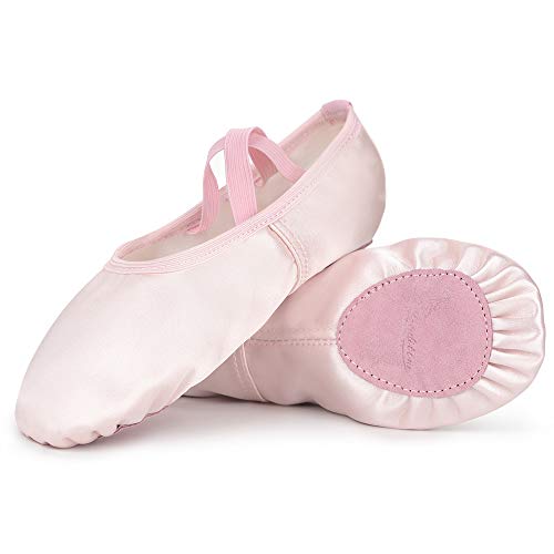 Soudittur Zapatillas de Ballet Satén -Media Punta Calzado de Danza para Niña y Mujer Adultos Suela Partida de Cuero Rosa Tallas 30 (Elija Un Tamaño Más Grande)