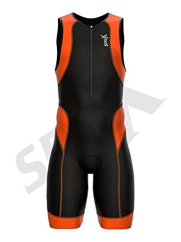 SparX Traje de triatlón para hombre, de rendimiento, traje de carreras, 2 bolsillos, protección UV, tejido italiano, Medium, Negro/Anaranjado