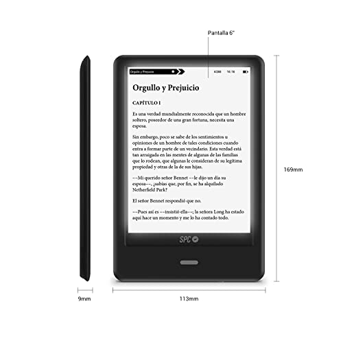 SPC Dickens Light Pro – Libro electrónico con Pantalla táctil y luz Regulable en iluminación y Temperatura de Color, posición Vertical y Horizontal, Funda Libro incluida, un Mes de autonomía, Negro