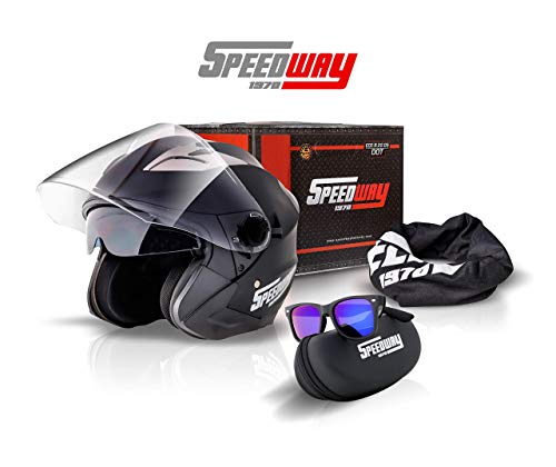 SPEEDWAY 1970 Casco Moto Jet Storm Casco Moto Abierto Custom Scooter para Mujer Hombre Adultos con Doble Visera-Negro Mate o Blanco + Gafas de Sol + Bufanda (M (57-58 cm), Negro-Mate)