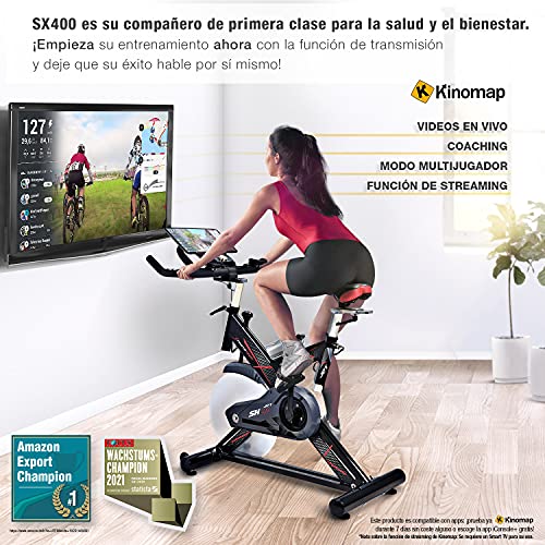 Sportstech SX400 bicicleta estática profesional con App control para Smartphone, Kinomap, disco de inercia de 22Kg con sistema por correa silencioso (SX400 sin montar)