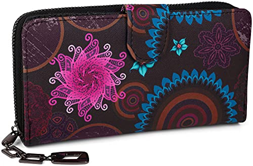 styleBREAKER Monedero con Motivo de Flores étnicas y floración, diseño Vintage, Cremallera, Mujeres 02040040, Color:Azul Oscuro-Azul-Fucsia