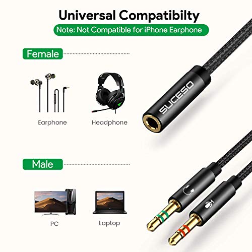 SUCESO Cable Adaptador Jack Hembra 3.5mm a Jack Doble Macho para Auriculares,Auricular Micrófono Separadas 3.5mm Macho a Mic y Audio 3.5mm Hembra para PS4, Xbox One, Gaming Headset,PC o Laptop-35cm