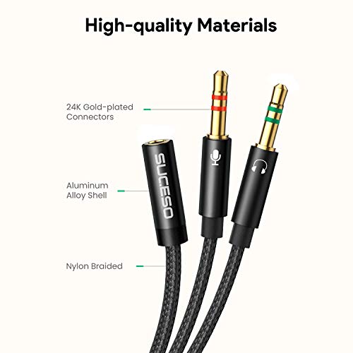 SUCESO Cable Adaptador Jack Hembra 3.5mm a Jack Doble Macho para Auriculares,Auricular Micrófono Separadas 3.5mm Macho a Mic y Audio 3.5mm Hembra para PS4, Xbox One, Gaming Headset,PC o Laptop-35cm