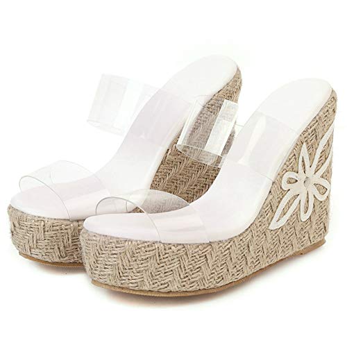 SUCREVEN Mulas Mujer Tacón, Alpargatas Mules Casual Tacón De Cuña Mulas Sin Cordones Verano Alpargatas Punta Abierta Transparente Sandalias Plataforma Tacón Alto Sandalias Blanco Talla 35 EU