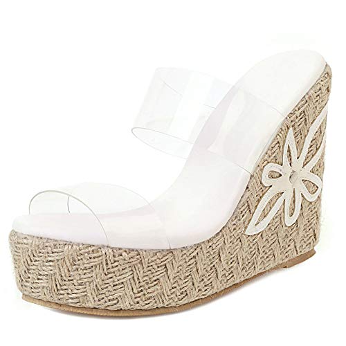 SUCREVEN Mulas Mujer Tacón, Alpargatas Mules Casual Tacón De Cuña Mulas Sin Cordones Verano Alpargatas Punta Abierta Transparente Sandalias Plataforma Tacón Alto Sandalias Blanco Talla 35 EU