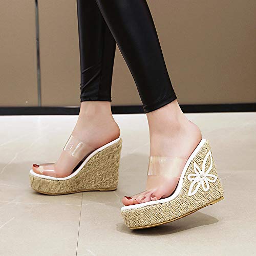 SUCREVEN Mulas Mujer Tacón, Alpargatas Mules Casual Tacón De Cuña Mulas Sin Cordones Verano Alpargatas Punta Abierta Transparente Sandalias Plataforma Tacón Alto Sandalias Blanco Talla 35 EU