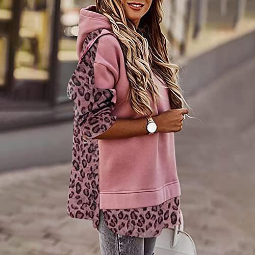 Sudaderas con capucha de leopardo con capucha y patchwork para mujer, informal, sueltas, color rosa, talla L