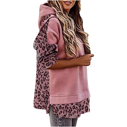 Sudaderas con capucha de leopardo con capucha y patchwork para mujer, informal, sueltas, color rosa, talla L