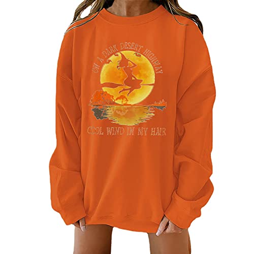 Sudaderas con estampado de letras para mujer, cuello redondo, informal, de manga larga (color: naranja, tamaño: XL)