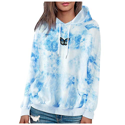 Sudaderas para mujer Casual Tie-Dye Impresión Mariposa Manga Larga Blusa con Capucha Suéter Casual Blusas Camiseta Blusa Sudadera con Capucha, azul, XS