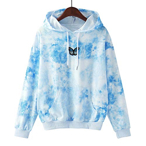 Sudaderas para mujer Casual Tie-Dye Impresión Mariposa Manga Larga Blusa con Capucha Suéter Casual Blusas Camiseta Blusa Sudadera con Capucha, azul, XS