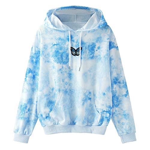 Sudaderas para mujer Casual Tie-Dye Impresión Mariposa Manga Larga Blusa con Capucha Suéter Casual Blusas Camiseta Blusa Sudadera con Capucha, azul, XS