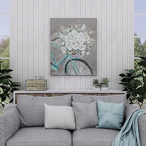 SUMGAR Cuadro decorativo para pared con flores blancas y bicicletas, color gris, tamaño grande, hecho a mano, para dormitorio o sala de estar, 81 x 101 cm