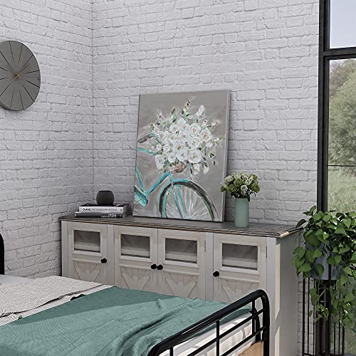 SUMGAR Cuadro decorativo para pared con flores blancas y bicicletas, color gris, tamaño grande, hecho a mano, para dormitorio o sala de estar, 81 x 101 cm