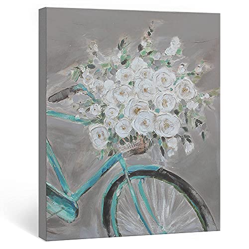 SUMGAR Cuadro decorativo para pared con flores blancas y bicicletas, color gris, tamaño grande, hecho a mano, para dormitorio o sala de estar, 81 x 101 cm