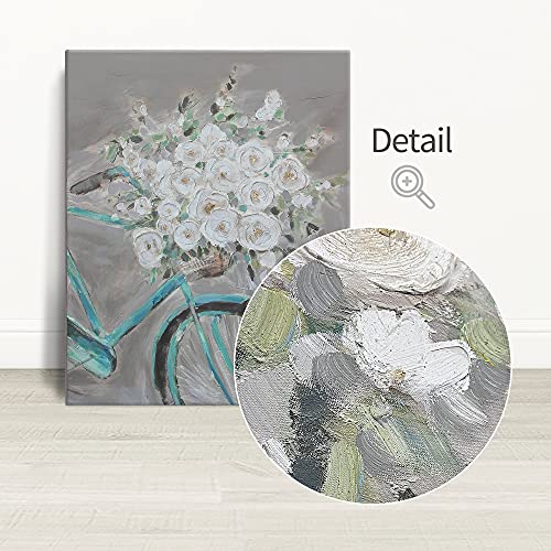 SUMGAR Cuadro decorativo para pared con flores blancas y bicicletas, color gris, tamaño grande, hecho a mano, para dormitorio o sala de estar, 81 x 101 cm