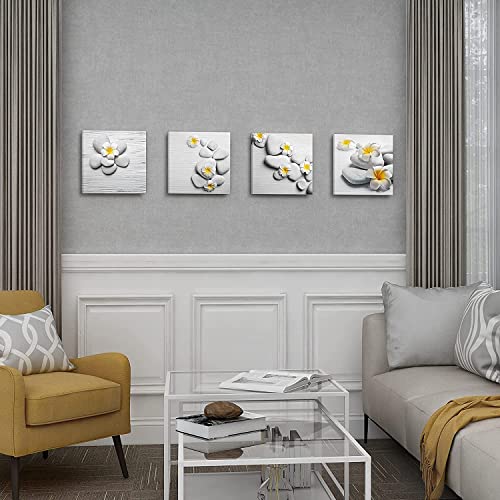 SUMGAR Cuadros de Lienzo Amarillo y Gris Arte de la Pared Zen Piedra y Frangipani Pintura de Flores Para Baño Sala de Estar Dormitorio Pared 30x30cmx4 4iezas