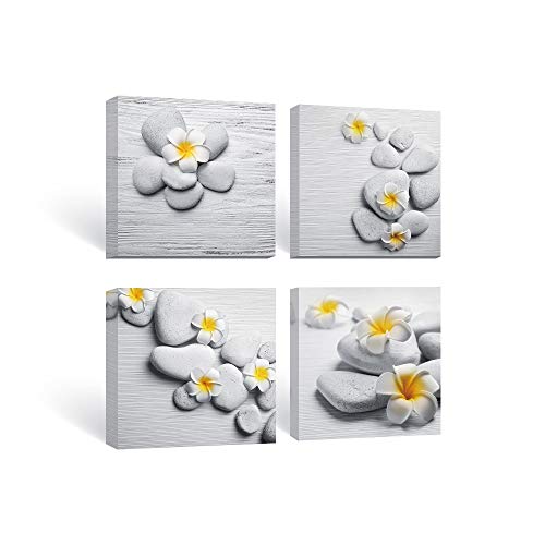 SUMGAR Cuadros de Lienzo Amarillo y Gris Arte de la Pared Zen Piedra y Frangipani Pintura de Flores Para Baño Sala de Estar Dormitorio Pared 30x30cmx4 4iezas