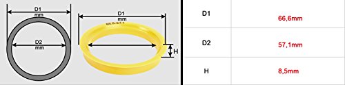 Surepromise Kit de 4pcs Anillo centrador 66,6 al 57,1 mm para Llanta para Audi Mercedes VW Seat Skoda Color Amarillo