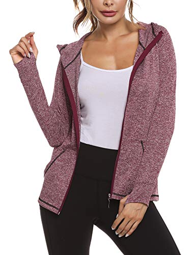 Sykooria Sudadera con Capucha Mujer Otoño Invierno Chaqueta Cálida Mujer Deportes Chaqueta Transpirable de Manga Larga con Cremallera para Correr Fitness-Vino Tinto-L