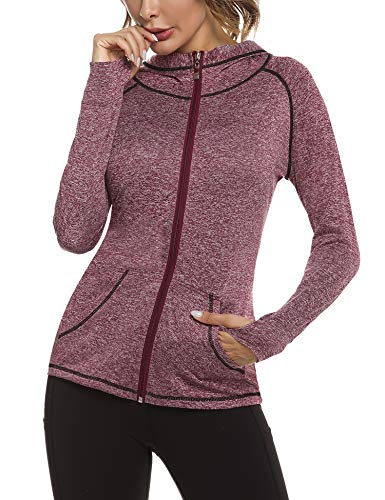 Sykooria Sudadera con Capucha Mujer Otoño Invierno Chaqueta Cálida Mujer Deportes Chaqueta Transpirable de Manga Larga con Cremallera para Correr Fitness-Vino Tinto-L