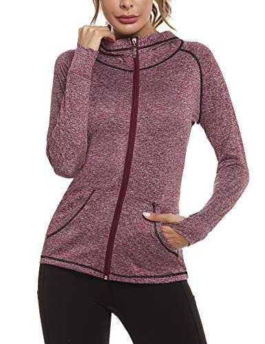 Sykooria Sudadera con Capucha Mujer Otoño Invierno Chaqueta Cálida Mujer Deportes Chaqueta Transpirable de Manga Larga con Cremallera para Correr Fitness-Vino Tinto-L