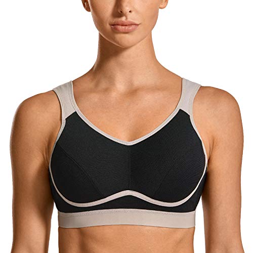 SYROKAN - Sujetador Deportivo Máximo Soporte Sin Relleno para Mujer Negro/Gris ES:100B (EU 85B)