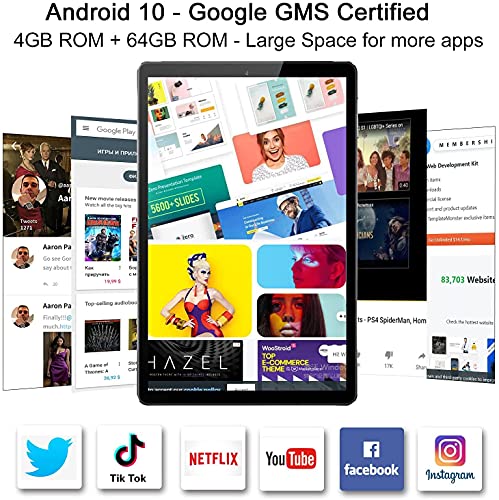 Tablet 10 Pulgadas Android 10.0 Tablets con 4GB RAM + 64GB ROM Scalabile a 128 GB,2.5D IPS,WiFi |,2MP+8MPCámara Dual, Bluetooth, con Funda para Tableta -Gris
