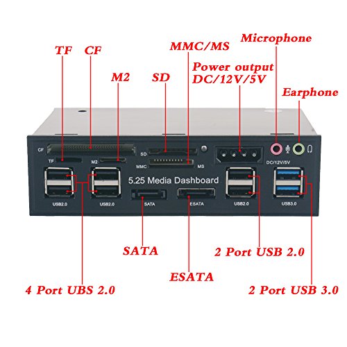 Tccmebius TCC-QL5E 5.25 Pulgadas PC Multifunción Salpicadero Medios de Comunicación Panel Frontal, con SATA e-SATA USB 2.0/3.0 Hub Audio Puertos y 5-en-1 Lector de Tarjetas (SD/MMC/CF/MS/TF / M2)