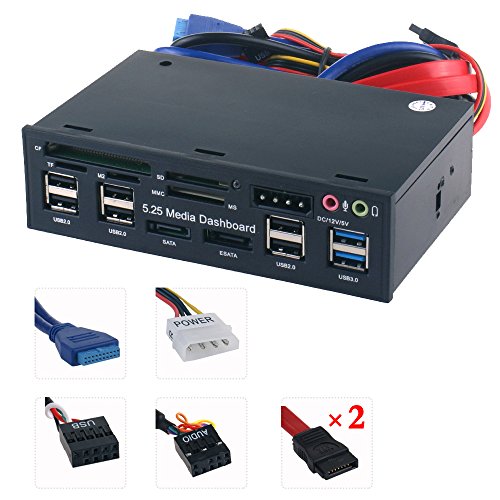 Tccmebius TCC-QL5E 5.25 Pulgadas PC Multifunción Salpicadero Medios de Comunicación Panel Frontal, con SATA e-SATA USB 2.0/3.0 Hub Audio Puertos y 5-en-1 Lector de Tarjetas (SD/MMC/CF/MS/TF / M2)