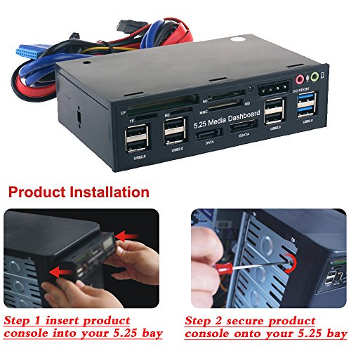 Tccmebius TCC-QL5E 5.25 Pulgadas PC Multifunción Salpicadero Medios de Comunicación Panel Frontal, con SATA e-SATA USB 2.0/3.0 Hub Audio Puertos y 5-en-1 Lector de Tarjetas (SD/MMC/CF/MS/TF / M2)