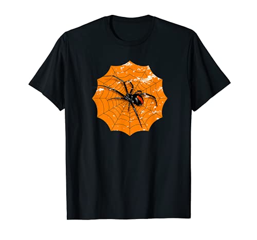 Tela de araña naranja de Halloween Araña viuda de espalda Camiseta