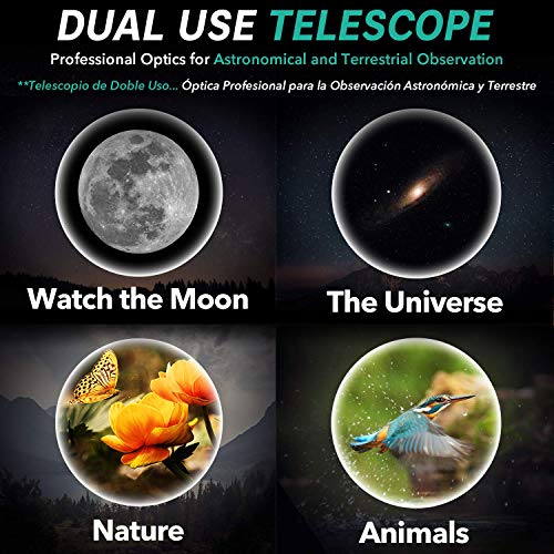 Telescopio Astronómico Portátil y Potente 16x-120x, Fácil de Montar y Usar, Ideal para Niños y Adultos Principiantes. Incluye Manual en Español, Adaptador Móvil, Funda, Trípode, 2 Oculares, Lente 3X…