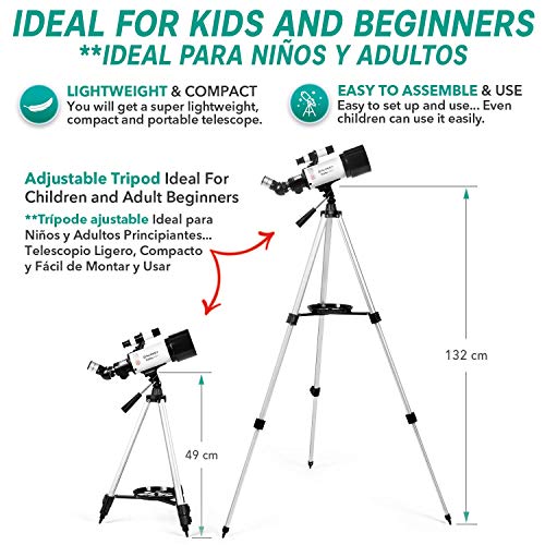 Telescopio Astronómico Portátil y Potente 16x-120x, Fácil de Montar y Usar, Ideal para Niños y Adultos Principiantes. Incluye Manual en Español, Adaptador Móvil, Funda, Trípode, 2 Oculares, Lente 3X…