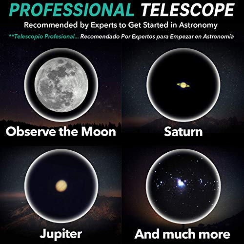 Telescopio Astronómico Profesional para Adultos Principiantes - Portátil y Potente 20x-250x, Fácil de Montar y Usar - Ideal para Observar la Luna, Planetas, Galaxias y más - Incluye Manual en Español