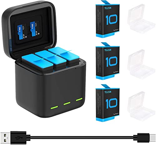 TELESIN Cargador Triple y Caja de Almacenamiento de batería con Cargador de 3 Canales con 2 baterías Recargables de Iones de Litio para GoPro Hero 10/9 Black (Cargador + 3 baterías)