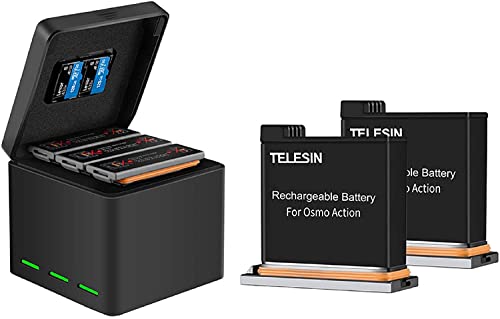 TELESIN OSMO Action Batería (3.85 V 1300 mAh), y rápido 3 Canales Inteligentes Cargador Carga y Almacenamiento de la batería 2 en 1 para la cámara de acción dji OSMO (Cargador + 2 baterías)