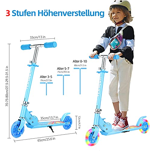TENBOOM Patinete para niños de 6 años, 2 luces LED, ruedas para niños de 3 años, plegable, altura regulable, freno trasero para niños de 3 a 10 años