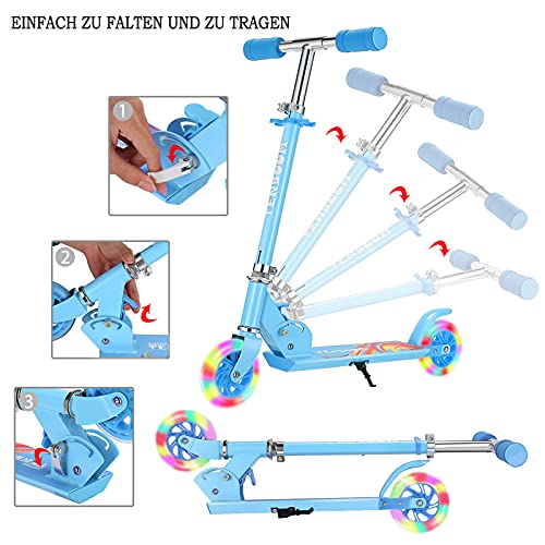 TENBOOM Patinete para niños de 6 años, 2 luces LED, ruedas para niños de 3 años, plegable, altura regulable, freno trasero para niños de 3 a 10 años