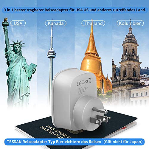 TESSAN Adaptador USA a Europa, Adaptador EEUU con 2 USB, Enchufe Americano USB para Canada Mexico Colombia Tailandia, Adaptador Enchufe Americano 2 Patas Europa hacia 3 Patas EEUU, Tipo B, Blanco