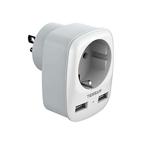 TESSAN Adaptador USA a Europa, Adaptador EEUU con 2 USB, Enchufe Americano USB para Canada Mexico Colombia Tailandia, Adaptador Enchufe Americano 2 Patas Europa hacia 3 Patas EEUU, Tipo B, Blanco